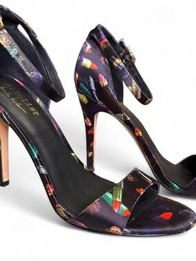 Nicole Miller Black Satin Lipstick-Print Ankle-Strap Stilettos